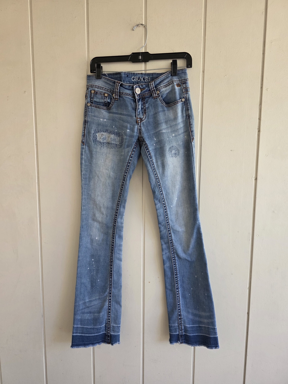Grace Distressed Flare Jeans Patchwork Raw Hem Size 27